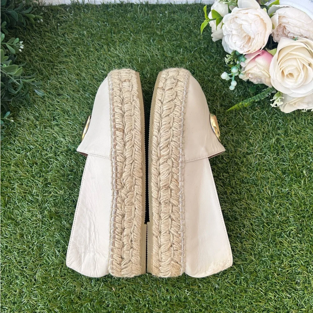 VALENTINO Jessica Espadrille Loafer Leather  Slip-Ons with Gold Emblem Cream 7